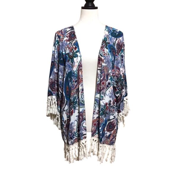 Umgee Cream Paisley Boho Fringe Kimono Cardigan M/L - Picture 1 of 7